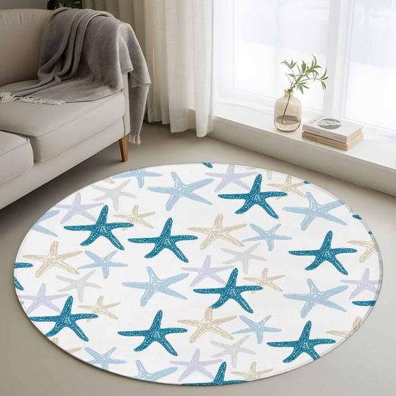Ocean Blue Starfish Round Area Rug 4Ft Washable Circle Rugs for Bedroom Dining Room, Summer Coastal Beach Non-Slip Carpet Floor Mats Indoor Outdoor Carpet Runner Aesthetic Home Decor