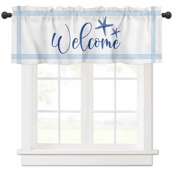 Ocean Blue Starfish Valances for Windows Farmhouse Kitchen Curtains Valances Rod Pocket Valance Curtains for Kitchen Windows Coastal Stripes Summer Ocean Window Valances for Bathroom Bedroom 42"x12"