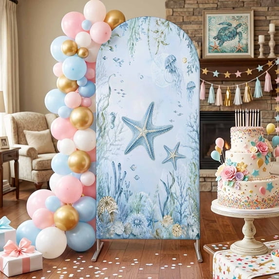 Ocean Blue Strfish Arch Backdrop Covers 6 FT, Summer Beach Nautical Jellyfish Seaweed Shell Coral Stretchy Fitted Arched Stand Covers Party Arch Stand Cover Photo Booth for Wedding Birthday Decor