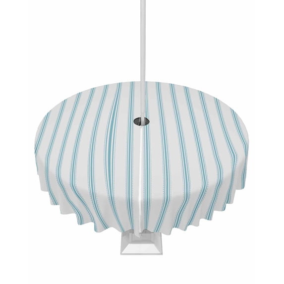 Ocean Blue Stripes Seamless Ticking Stripe Round Tablecloth with Zipper,Waterproof Table Cloth with Umbrella Hole Patio Tablecloths for Outdoor Tables,Farmhouse Pinstripe Spillproof Table Cover