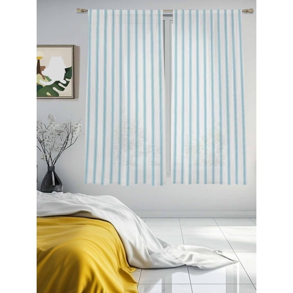 Ocean Blue Stripes Seamless Ticking Stripe Sheer Curtains 2 Panels Set Farmhouse Pinstripe Lihgt Filtering Rod Pocket Voile Drape,Semi Sheer Window Curtains for Bedroom Living Room,52"x63"