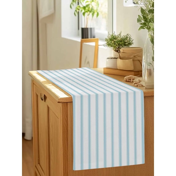 Ocean Blue Stripes Seamless Ticking Stripe Table Runner 36 Inches Long,Kitchen Dining Tablerunners Farmhouse Pinstripe Linen Table Runners Dresser Scarves for Home Dinner Wedding Holiday Party Decor