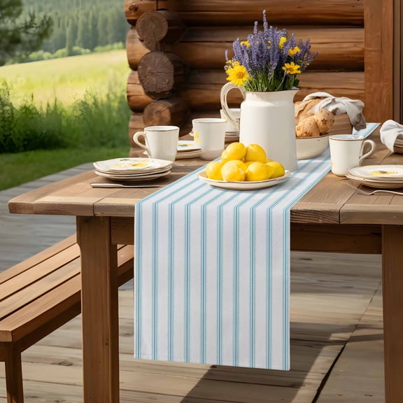 Ocean Blue Stripes Seamless Ticking Stripe Table Runner 70 Inch Long Farmhouse Pinstripe Table Runners Linen Burlap Tablerunner for Kitchen Dining Room Holiday Party