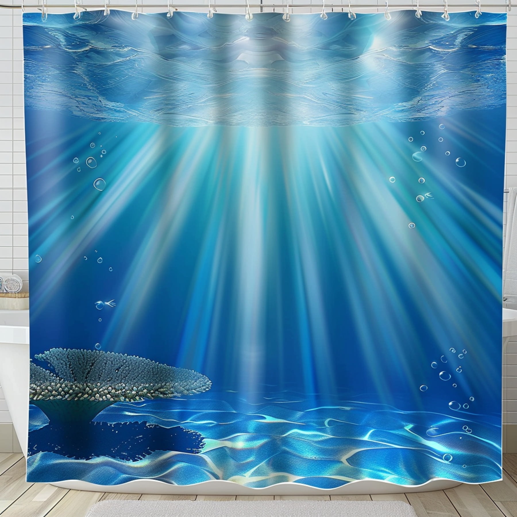 Ocean Blue Sunlight Rays Bathroom Curtain Set Elegant Underwater View