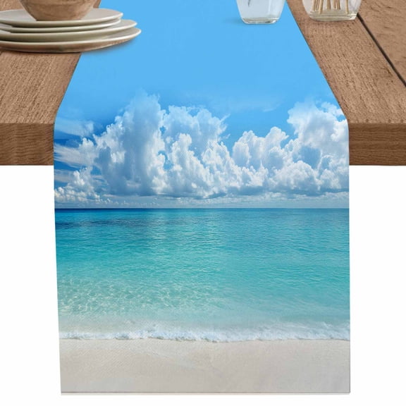 Ocean Blue Table Runner 108 Inches Long for Dining Table Decor,Beach Nature Coast Sea Shore Sky Seawater Burlap Linen Farmhouse Table Runner Coffee Table Runners Dresser for Kitchen Party Holiday