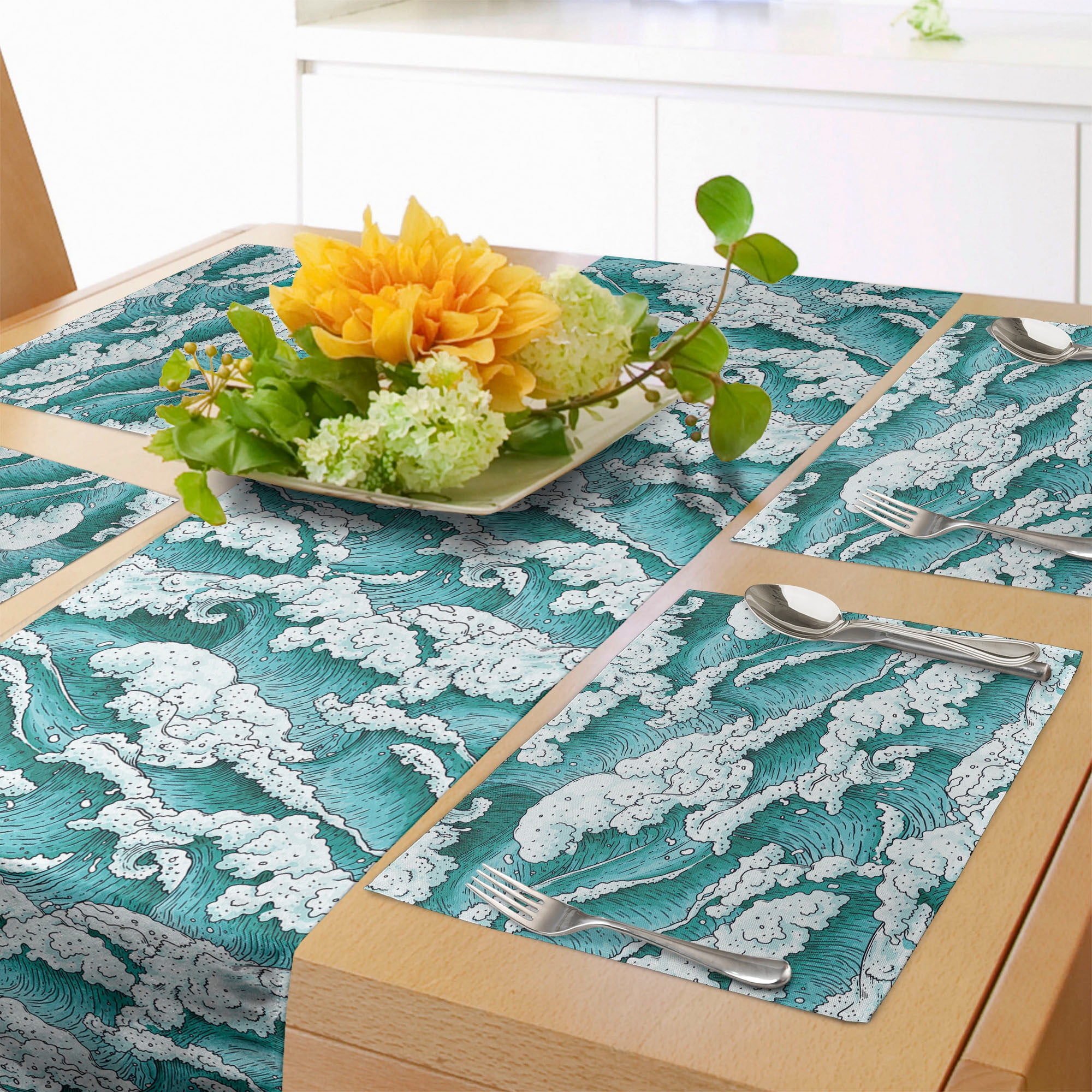 Ocean Blue Table Runner & Placemats, Aqua Stormy Water Waves and