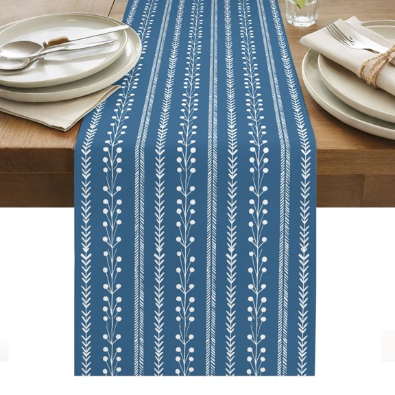 Ocean Blue Table Runner, Summer Vertical Dashed Lines Shabby Chic Leaf Washable Kitchen Table Runners Dress Scarves for Dining Table Decorations Party/Restaurant/Indoor Outdoor Use, 13x36in