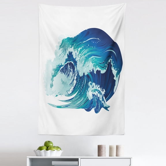 Ocean Blue Tapestry, Nature Furious Rushing Waves Surfing Swirling Sea Storm Marine Illustration, Fabric Wall Hanging Decor for Bedroom Living Room Dorm, 5 Sizes, Multicolor, by Ambesonne