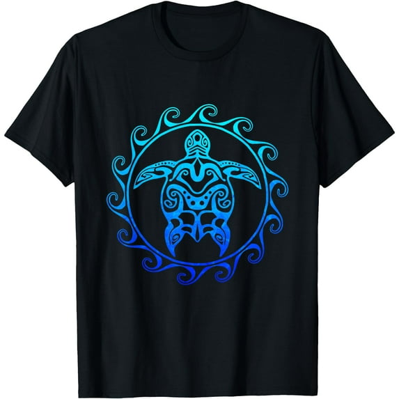 Ocean Blue Tribal Hawaiian Sea Turtle Unisex T-Shirt for Men Women Kids Toddler,Black Color,Size YL