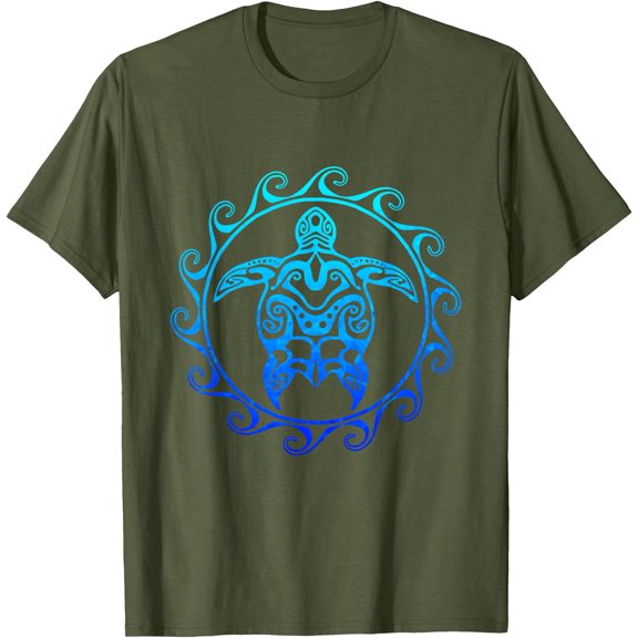 Ocean Blue Tribal Hawaiian Sea Turtle Unisex T-Shirt for Men Women Kids Toddler,Military Green Color,Size 2T
