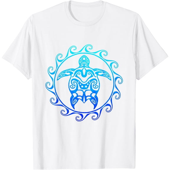 Ocean Blue Tribal Hawaiian Sea Turtle Unisex T-Shirt for Men Women Kids Toddler,White Color,Size 5XL