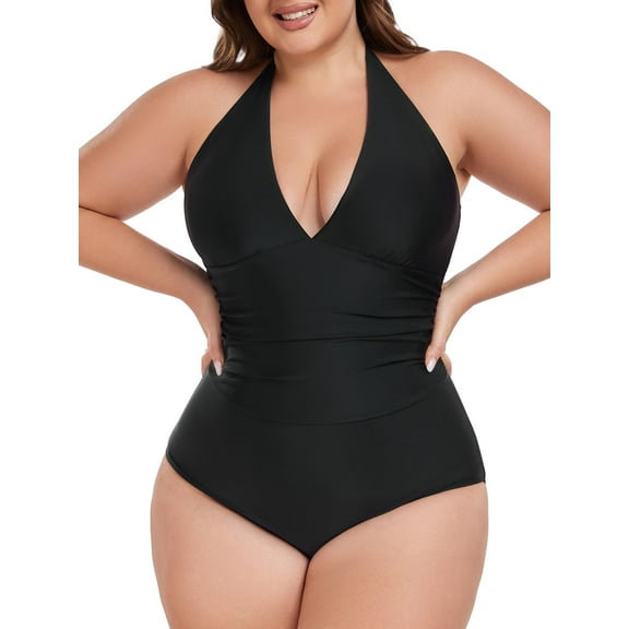 Ocean Blue Tummy Control Women's Swimwear Halter One Piece Swimsuit For Women Deep Plunge Sexy V neck Ruched One Piece Bathing Suit