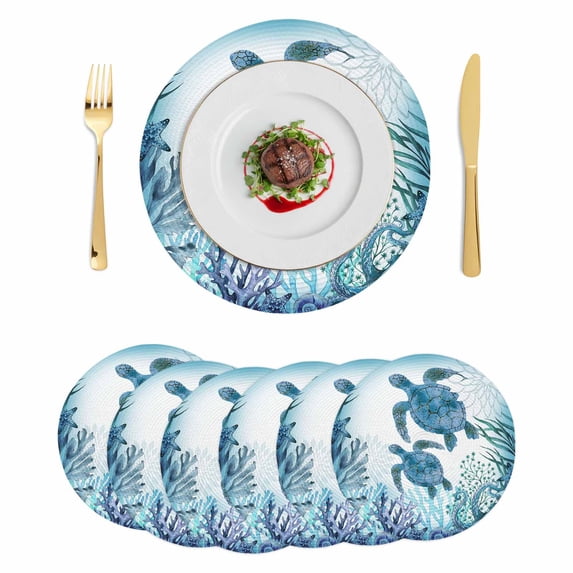 Ocean Blue Turtles Round 13 Inch Placemats Set of 6, Coastal Octopus Coral Nautical Starfish HeatResistant Non Slip Place Mats for Dining Table, Wipeable Braided Kitchen Table Mats for Housewarming