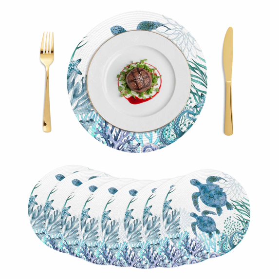 Ocean Blue Turtles Round 13 Inch Placemats Set of 8, Coastal Octopus Coral Nautical Seagrass HeatResistant Non Slip Place Mats for Dining Table, Wipeable Braided Kitchen Table Mats for Housewarming