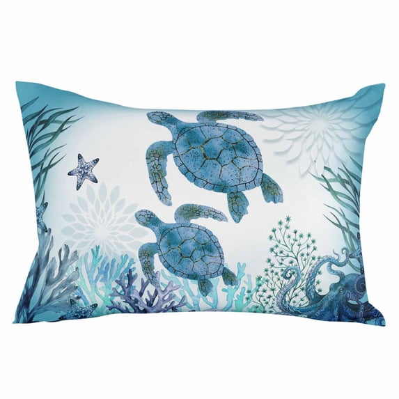 Ocean Blue Turtles Throw Pillow Cover 12 x 20 Inch Decorative Pillow Cover Coastal Octopus Coral Nautical Starfish Lumbar Pillowcase Seasonal Rectangle Cushion Case for Couch Sofa Bed Living Room