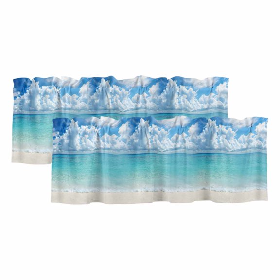 Ocean Blue Valances for Windows, Decorative Rod Pocket Window Valance Curtains, Beach Nature Coast Sea Shore Sky Seawater Curtain Drapes for Kitchen/Bathroom/Living Room, 2 Panels, 42" W x 12" L