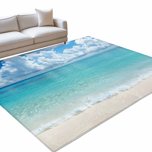 Ocean Blue Washable Rug 3x5 Area Rug for Living Room Bedroom Non Slip Indoor Floor Rectangle Carpet Soft Low Pile Large Beach Nature Coast Sea Shore Sky Seawater Entryway Rugs for Dining Room Office