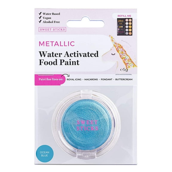 Ocean Blue Water Activated Edible Food Paint Pan, Refill Palette by Edible Art with 1 Fine-Line Brush - Water Based Vegan Cake Paint, Water Activated Icing Paint (5 Grams)
