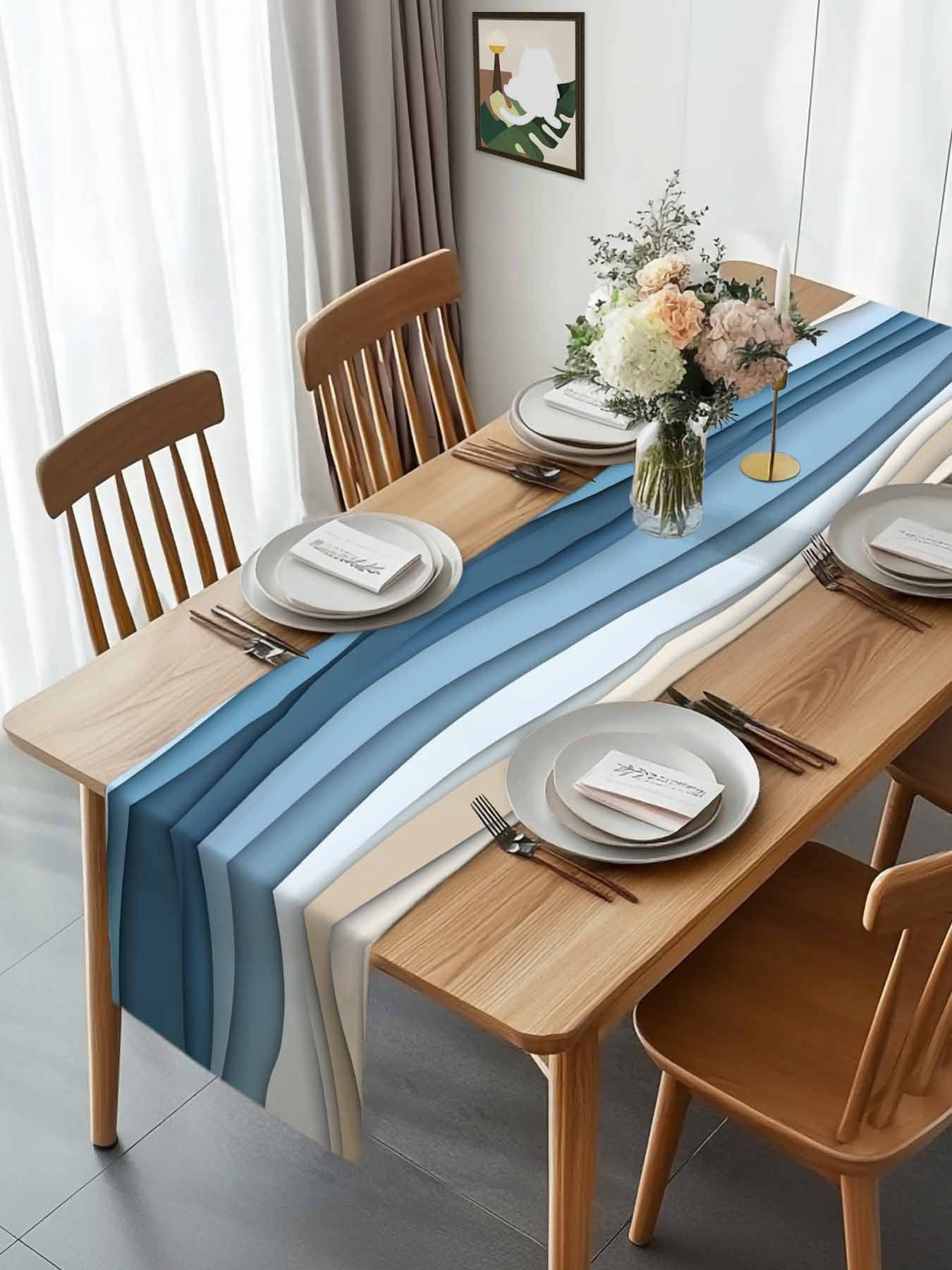 Ocean Blue Water Ripples Table Runner 90 Inches Long, Abstract Geometric Gradient Table Runners Tabletop Scarf Kitchen Dining Tables Decoration for Home Party Indoor Outdoor
