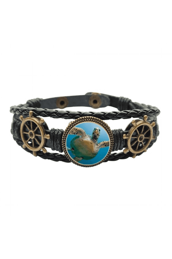 Ocean Blue Water Turtle Science Nature Picture Leather Braided Ocean Bracelet Wristband
