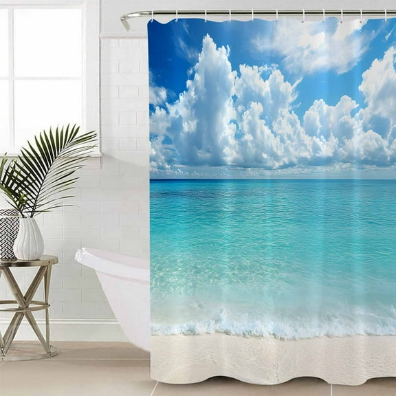 Ocean Blue Waterproof Fabric Shower Curtain, Beach Nature Coast Sea Shore Sky Seawater Shower Curtain for Bathroom Curtains Bathtubs Hotel Washable Shower Curtains with 12 Hooks Long 72x78in