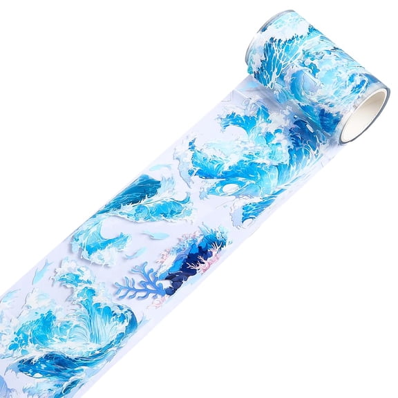 Ocean Blue Wave PET Tape Stickers Decorative Masking Washi Tape Clear DIY Handbook Crafts Self-Adhesive Waterproof Journal Scrapbook Collage Gift Wraping for Decor Diary Art Planner Supplies Blue