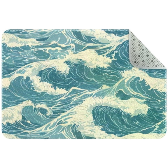 Ocean Blue Waves Small Area Rug, Non-Slip Door Mat Indoor Floor Mat, Washable Kitchen Rug Entrance DMat for Bedroom Living Room