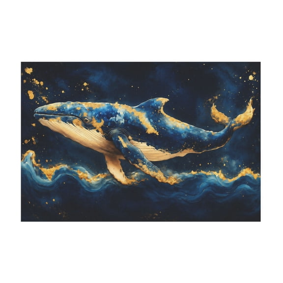 Ocean Blue Whale Hand-Drawn Gold Texture Canvas Wall Art For Living Room Bedroom Kitchen Study 12*18in
