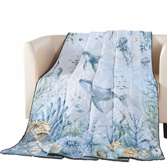 Ocean Blue Whale Quilted Comforters Cooling Blanket Oversized King Size, Summer Beach Nautical Starfish Seaweed Shell Coral Cold Comfort for Hot Sleepers Air Conditioning Quilt Blanket for Bed