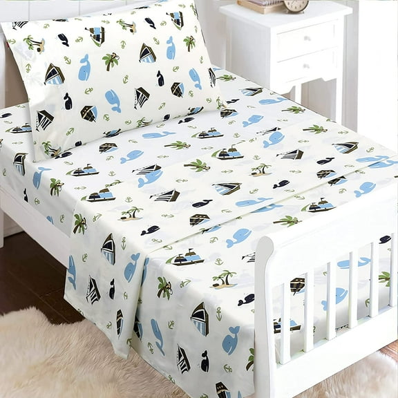 Ocean Blue Whale Ships Sail Monkey Island 3 Piece White Cotton Toddler Sheet Set