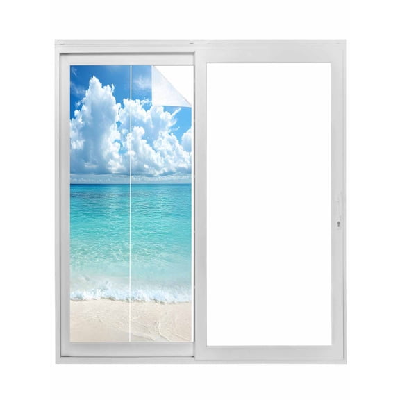 Ocean Blue Window Privacy Film, Beach Nature Coast Sea Shore Sky Seawater Static Cling UV Sun Blocking Tint Film Heat Control Windows Films for Bedroom Bathroom, Window Stickers 17.7"x39.3"