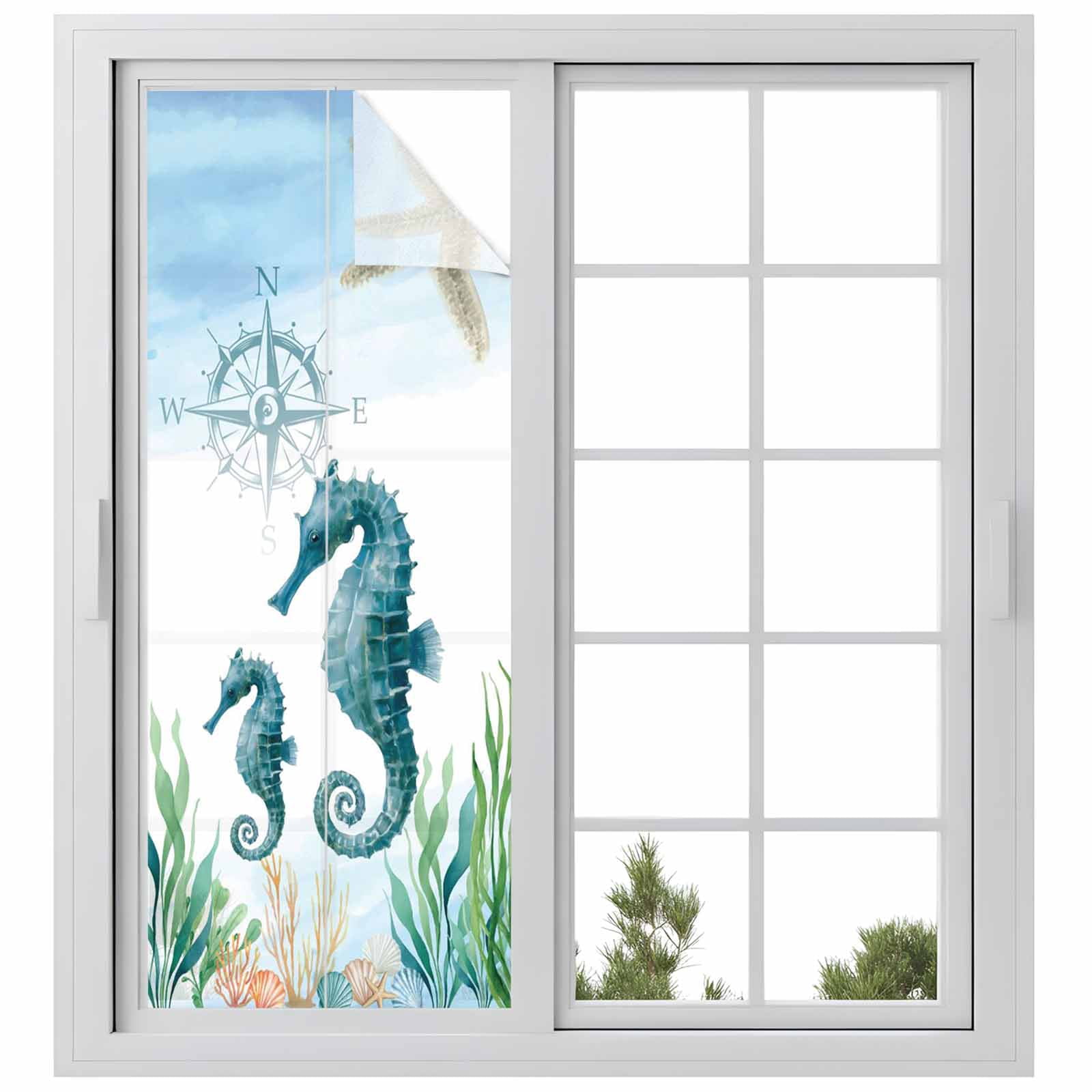 Ocean Blue Window Privacy Film, Seahorse Starfish Compass Seagrass Coral Coastal Frosted Glass Window Clings Static Cling UV Heat Blocking Reusable Door Sticker for Bathroom 23.6 x 59 Inch