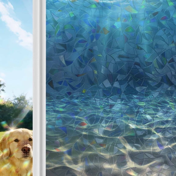 Ocean Blue Window Privacy Film Stain Glass,Reusable Decorative Rainbow Window Film,Underwater Sun Light Coastal Sea Scenery Static Cling Sun Blocking Stickers Decals Covers 17.7" x 39.3" (2pcs)