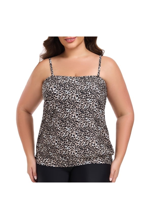 Ocean Blue Women's Plus Size Blouson Bandeau Tankini Top Bathing Suit Strapless Tankinis Swimsuits