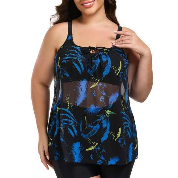 Ocean Blues Women's Plus Size Mesh Tankini Top Blouson Tankini Bathing Suit Top Loose Fit Swimsuit for Woman Size M