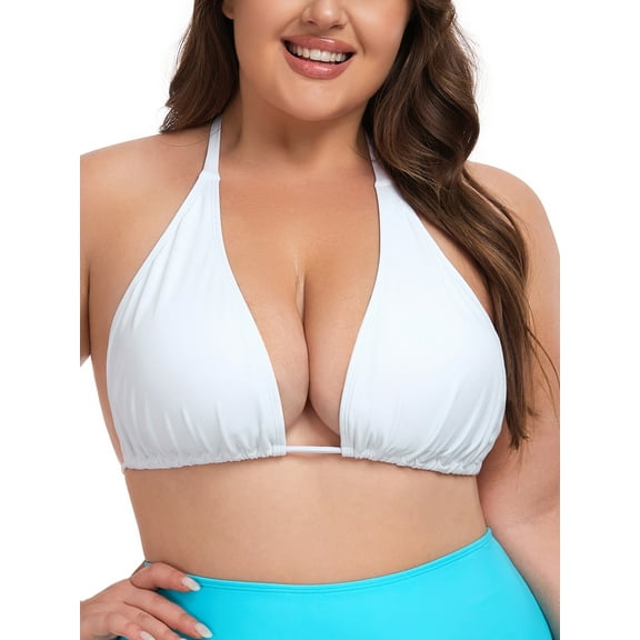 Ocean Blue Women's Plus Size Push Up Triangle Bikini Top Cheeky Halter bikini Swimsuit Sexy White Bathing Buit Top Size XXL