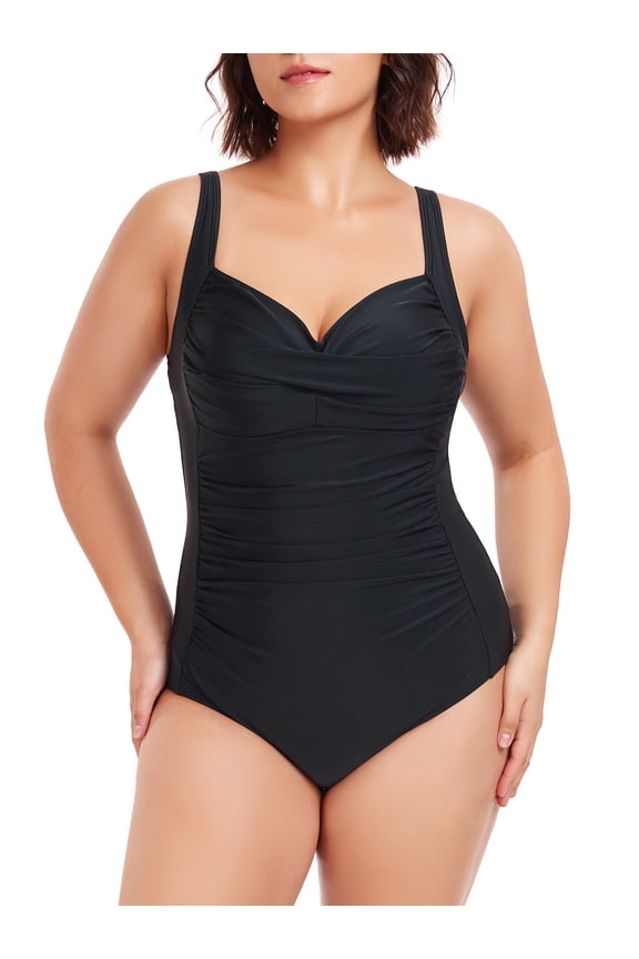 Ocean Blue Women's Plus Size Ruched One Piece Bathing Suits Adjustable Straps Tummy Control 1 Piece Swimsuit Black Retro Swimwear for Women