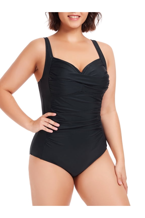 Ocean Blue Women's Plus Size Ruched One Piece Bathing Suits Adjustable Straps Tummy Control 1 Piece Swimsuit Black Retro Swimwear for Women
