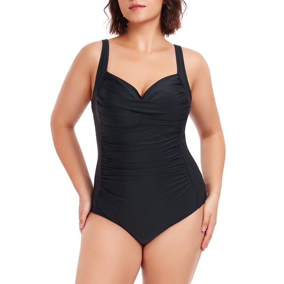 Ocean Blue Women's Plus Size Ruched One Piece Bathing Suits Adjustable Straps Tummy Control 1 Piece Swimsuit Black Retro Swimwear for Women