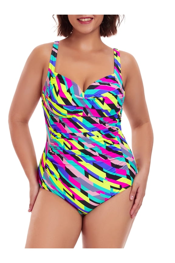 Ocean Blue Women's Plus Size Ruched One Piece Bathing Suits Adjustable Straps Tummy Control 1 Piece Swimsuit Color Block Retro Swimwear for Women