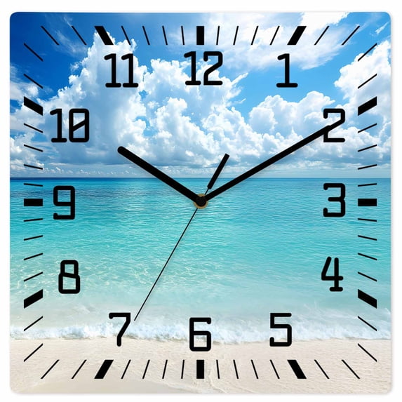 Ocean Blue Wooden Wall Clock Silent Non Ticking, Beach Nature Coast Sea Shore Sky Seawater Square Wall Clocks Battery Operated, Decor Clock for Home Office, Living Room, Kitchen, 12 Inch