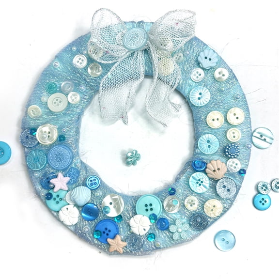 Ocean Blue Wreath Button Bundle Nautical & Beach-Themed Buttons with Pearlized Accents DIY Mini Wreath Craft Kit