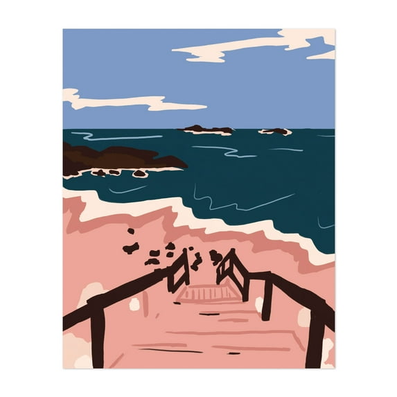 Ocean Blues - India Illustration Beach Coast Ocean Seaside Boardwalk Coastal Minimalist Unframed Wall Art Print 36 x 48 inches
