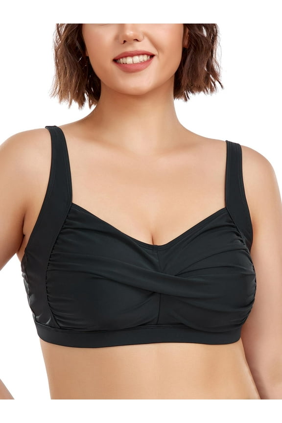 Women and Women's Plus Size Ruched Bandeau Bikini Top Black Bathing Suit For All Women , Size Large