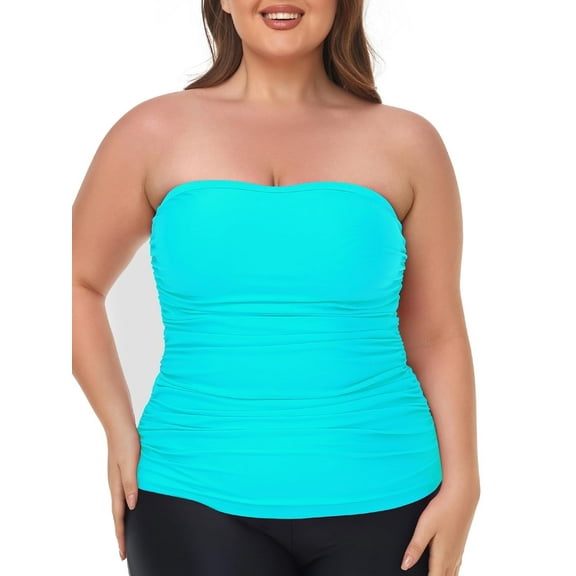 Ocean Blues Women's Bandeau Tankini Top Only Strapless Ruched Swimsuits Top Molded Cups Tankini Bathing Suits for Women