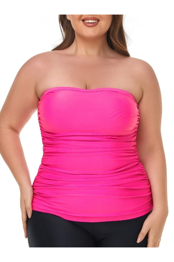 Women's Bandeau Tankini Top Only Strapless Ruched Swimsuits Top Molded Cups Tankini Bathing Suits for Women
