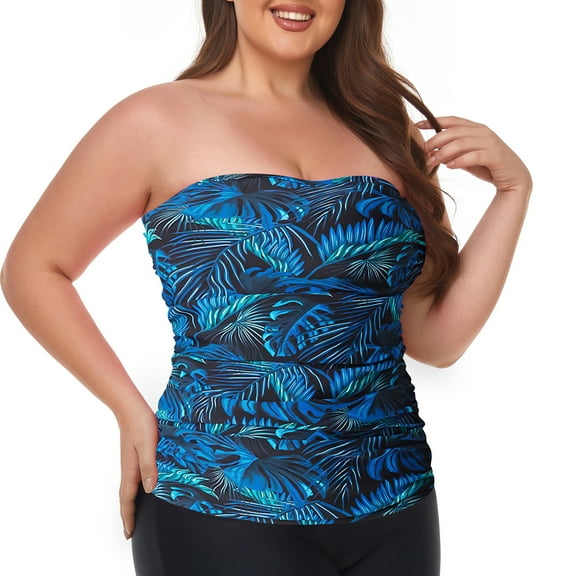 Ocean Blues Women's Plus Size Bandeau Tankini Top Only Strapless Ruched Swimsuits Top Molded Cups Tankini Bathing Suits for Women 3XL
