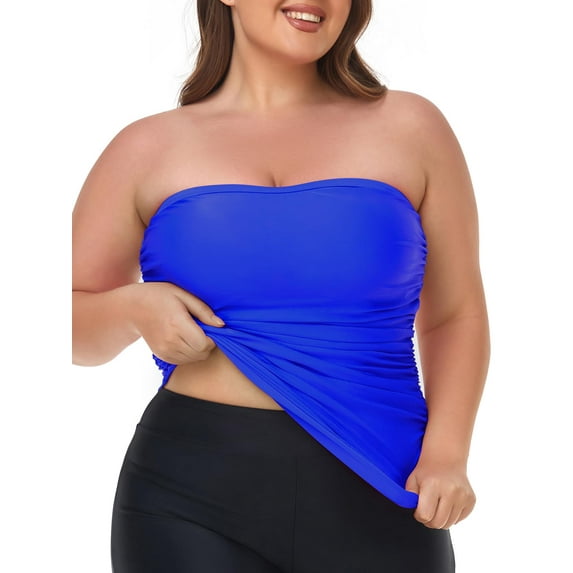 Ocean Blues Women's Plus Size Bandeau Tankini Top Only Strapless Ruched Swimsuits Top Molded Cups Tankini Bathing Suits for Women 4XL
