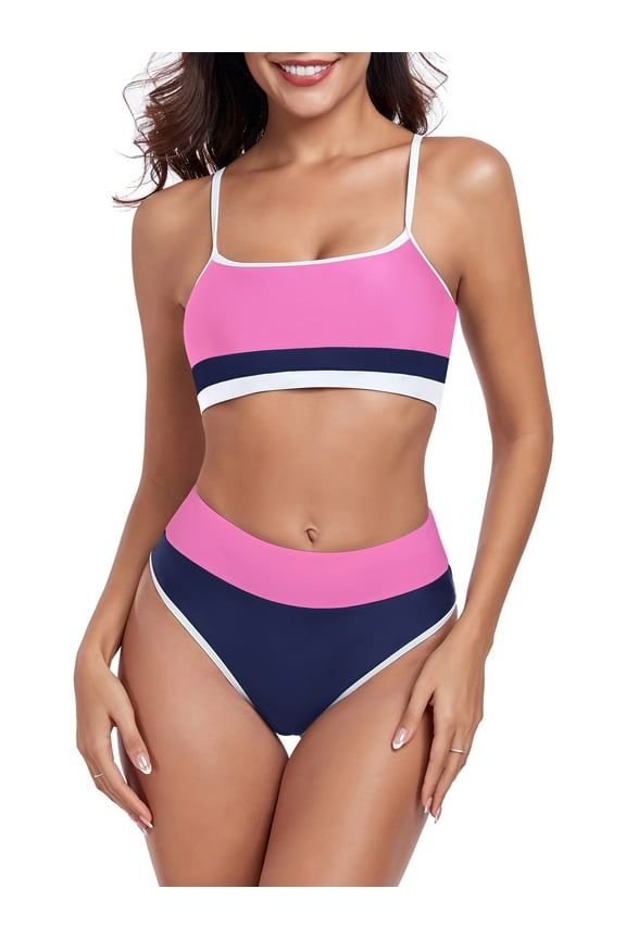 Women's Bikini Set 2-Piece Swimsuit Set Criss Cross Back Scoop Neck Color Block Sport Bikinis Tummy Control High Waisted Two Piece Bathing Suits