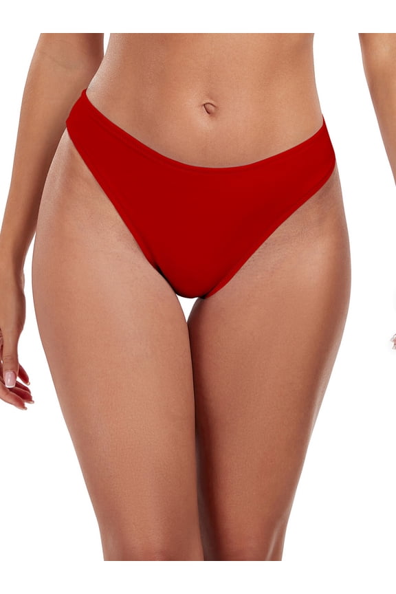 Women's Cheeky High Cut Bikini Bottom Sexy High Leg Mid Rise Bathing Suit Red Swim Bottom